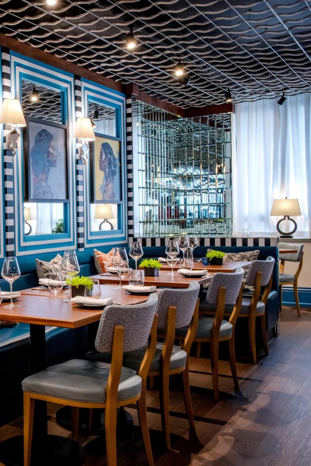 Intimate private dinner table setup inside the elegant dining room in Mayfair.